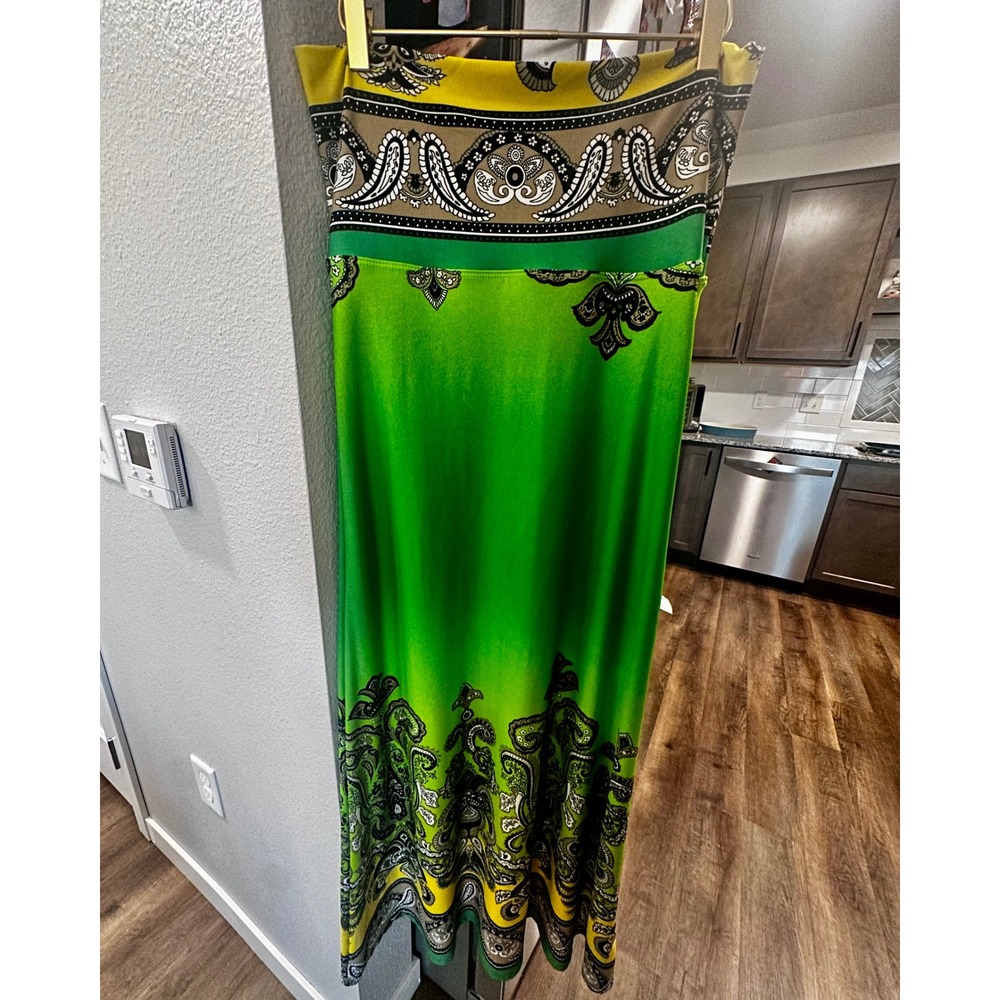 Venus Green Yellow Paisley Strapless Maxi Dress Small Boho Summer Beach